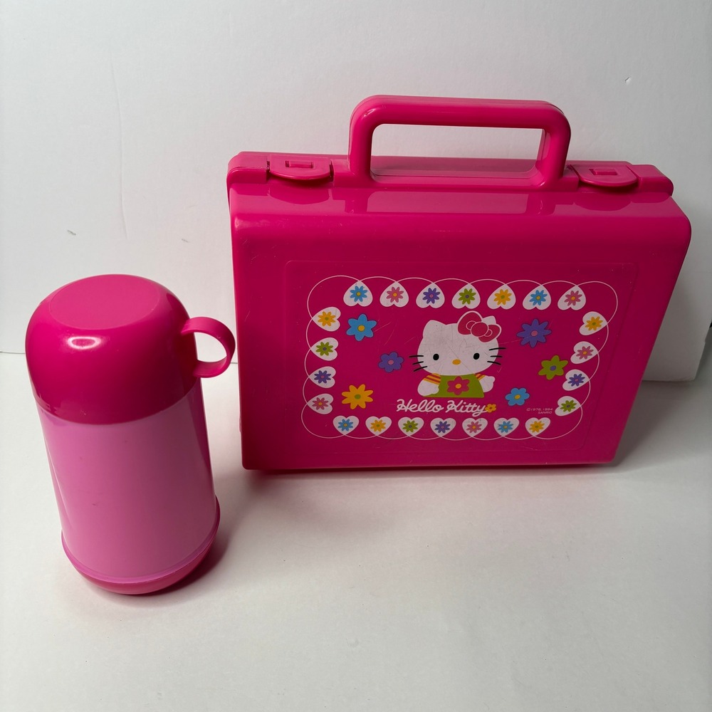 Vintage 1994 Sanrio Hello Kitty Pink Plastic Lunch Box with Matching Thermos